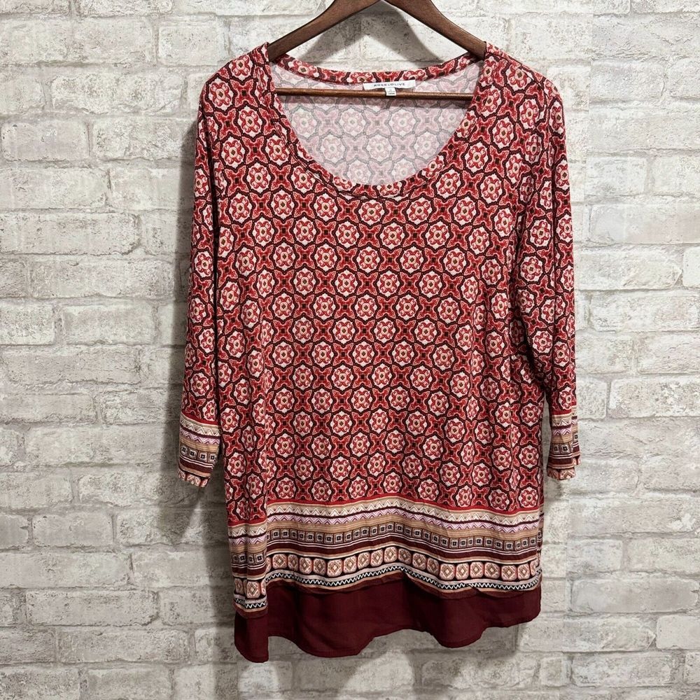 Rose & Olive Tunic‎ Top Plus 1X Red Mandala Floral 3/4 Sleeve Stretch Scoop Neck